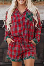 Red Plaid Contrast Patched Christmas Holiday Long Sleeve Shirt and Short 2pcs Pajama Set