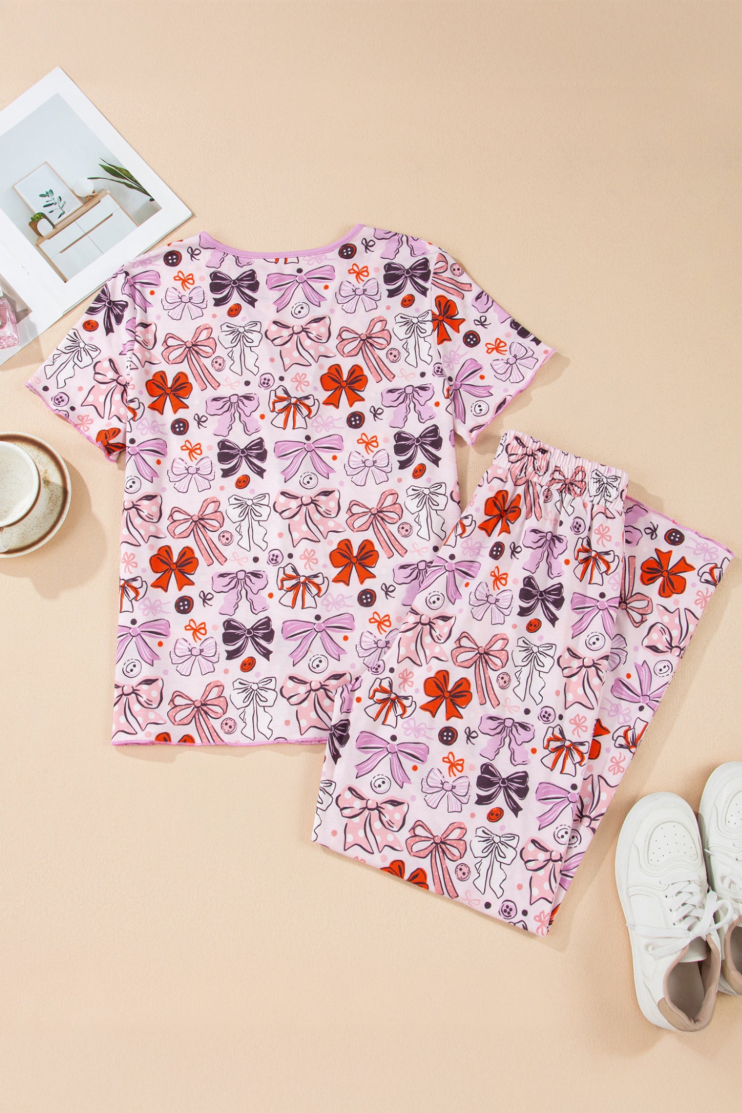 Pink Diverse Bows Buttons Printed Contrast Trim Short Sleeve Shirt Pajama Pant Set
