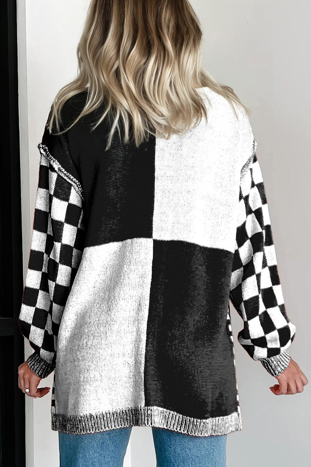Black Checkered Bubble Sleeve Drop Shoulder Open Plus Size Cardigan