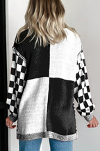 Black Checkered Bubble Sleeve Drop Shoulder Open Plus Size Cardigan