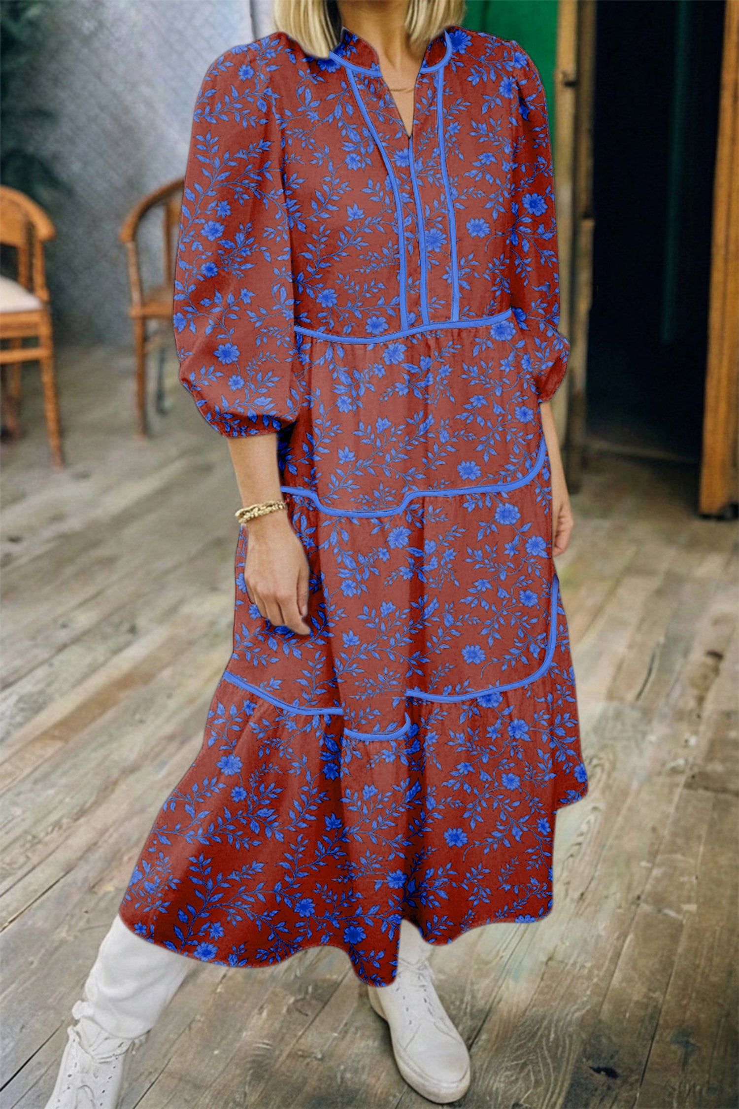 Brown 3/4 Puff Sleeve Tiered Loose Floral Dress