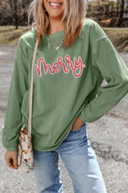 Grass Green Sequined merry Letter Graphic Twisted Ribbed Baggy Sweatshirt