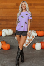 Wisteria Sequin Halloween Bat Patched Casual T Shirt