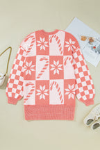 Pink Candycane Snowflake Checker Christmas Holiday Drop Shoulder Tunic Loose Sweater