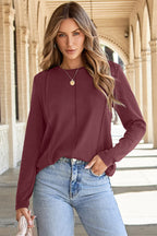 Black Solid Exposed Seam Crew Neck Long Sleeve Top