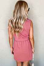 French Terry Zipped Collar Sleeveless Drawstring Waist Mini Dress