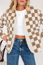 Brown Checkered Sherpa Buttoned Front Chunky Jacket