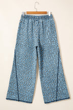Blue Leopard Print Exposed Seam Detail Wide Leg Drawstring Jeans