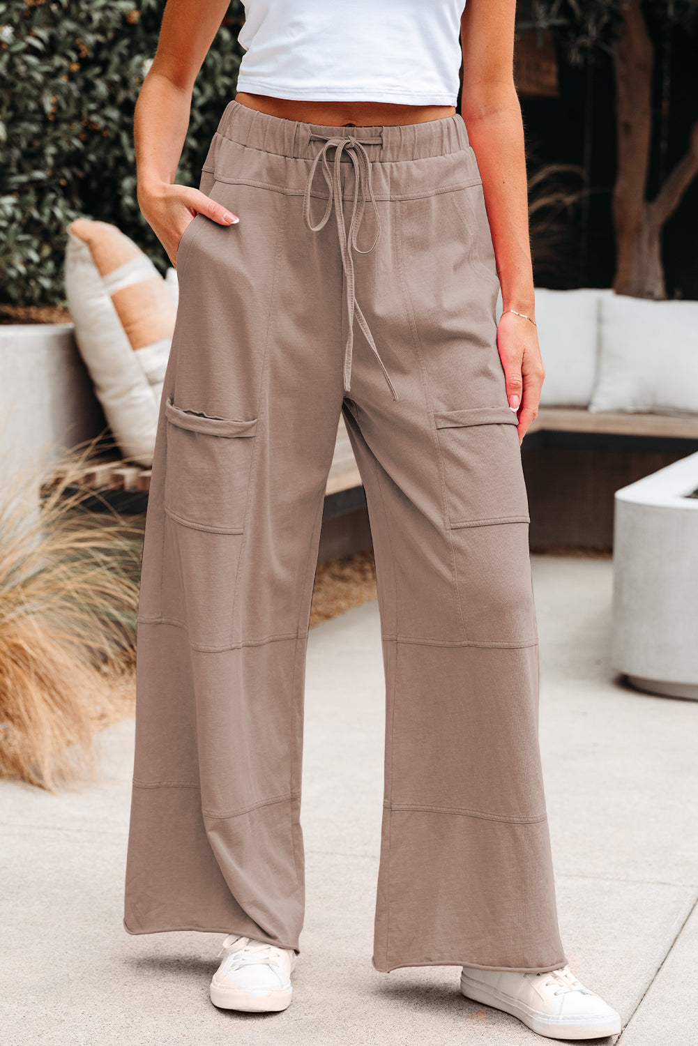 Mineral Wash Exposed Seam Drawstring Elastic Waistband Wide Leg Cargo Pants