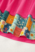Strawberry Pink Floral Hemline Patchwork Round Neck Casual Top