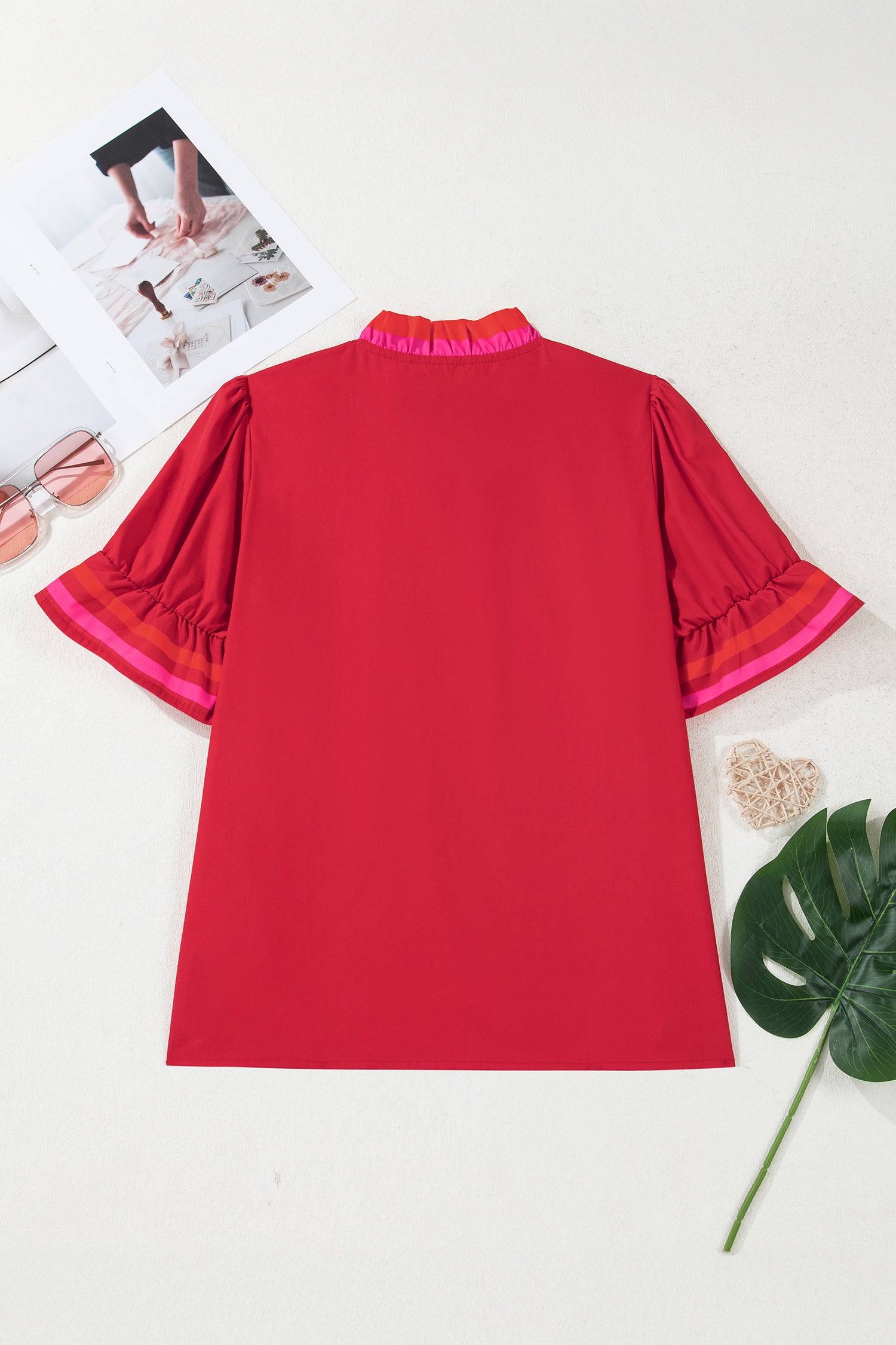 Fiery Red Striped Frilled Collar Ruffled Short Sleeve Blouse