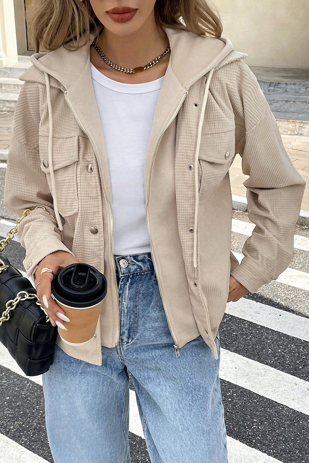 Beige Thermal Knit Textured Hooded Jacket