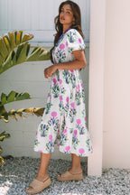 Floral Puff Short Sleeve V Neck High Waist Maxi Dress