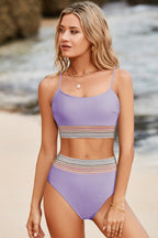 Striped Patchwork Spaghetti Strap High Waist Bikini Swimsuit