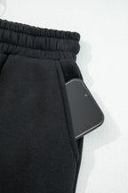 Black Fleece Lined Leopard Drawstring Elastic Waist Solid Pants