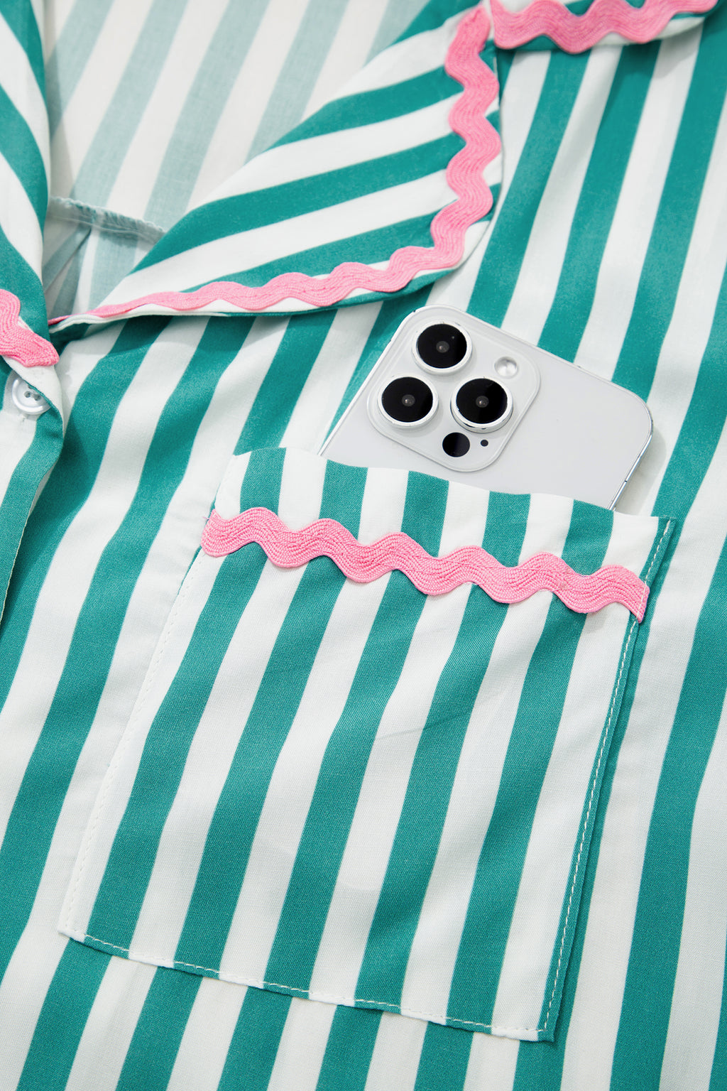 Green Stripe Contrast Ricrac Trim Long Sleeve Shirt Drawstring Ruffled Pyjama Short Set