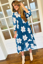 Blue Floral Print Shirt Collar V Neck 3/4 Sleeve Shift Midi Dress