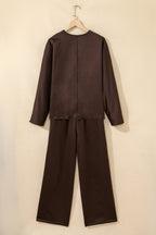 Dark Brown Braided V Neck Long Sleeve Loose Top and Drawstring High Waist Pants 2pcs Outfit