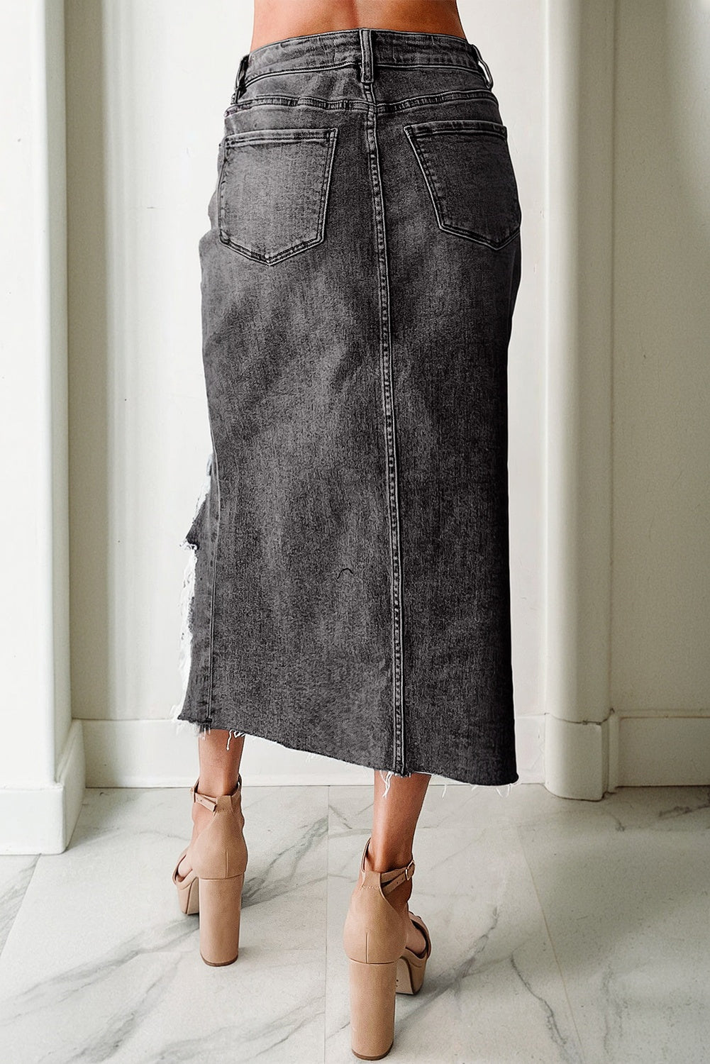 Irregular Distressed Bottom Denim Midi Skirt