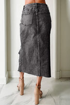 Irregular Distressed Bottom Denim Midi Skirt