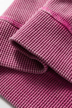 Bright Pink Waffle Knit Patchwork Long Sleeve Loose Top