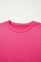 Strawberry Pink Floral Hemline Patchwork Round Neck Casual Top