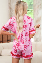 Pink Sweet Heart Cake Print Contrast Ruffle Trim Valentines 2pcs Pyjama Set