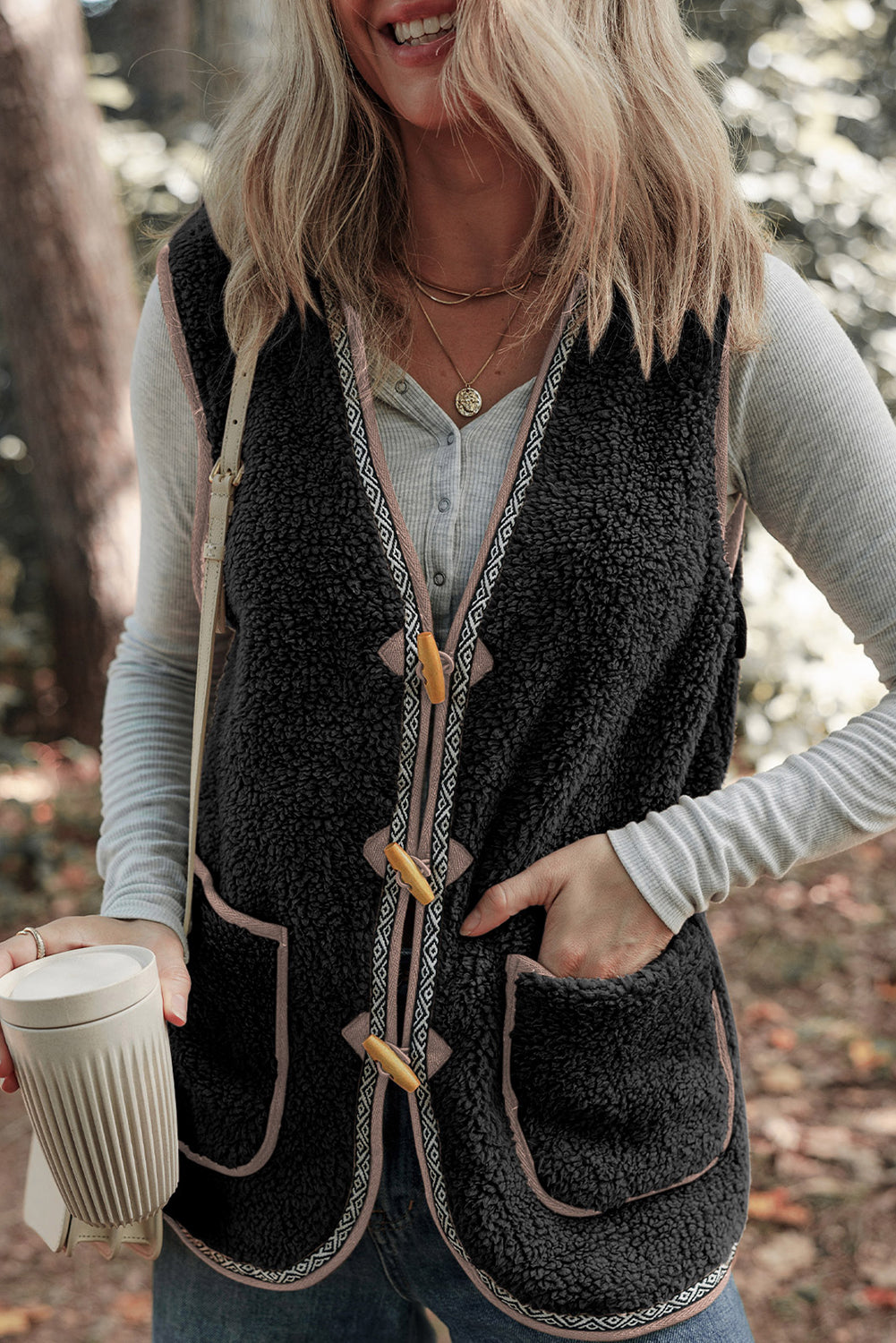 White Sherpa Contrast Trim Patch Pocket Cartridge Toggle Button Vest
