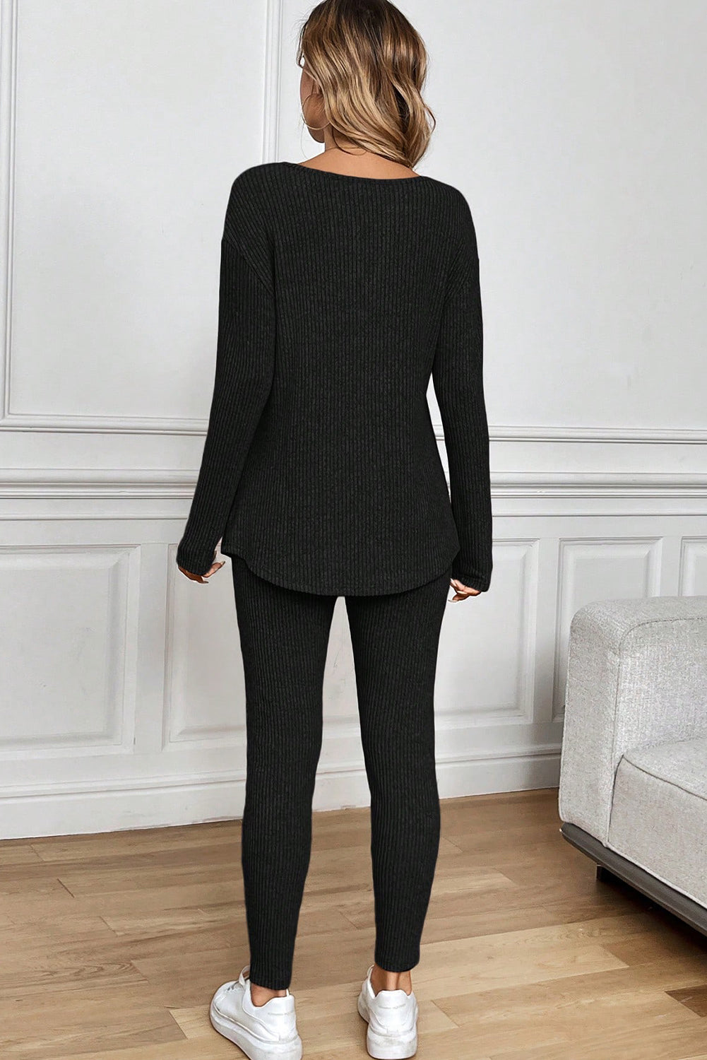 Ribbed Notched Neck Knit Long Sleeve Leggings Two Pieces Lounge Set