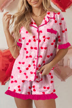 Rose Cherry Bow Mixed Print Scalloped Edge Short Pyjama Set