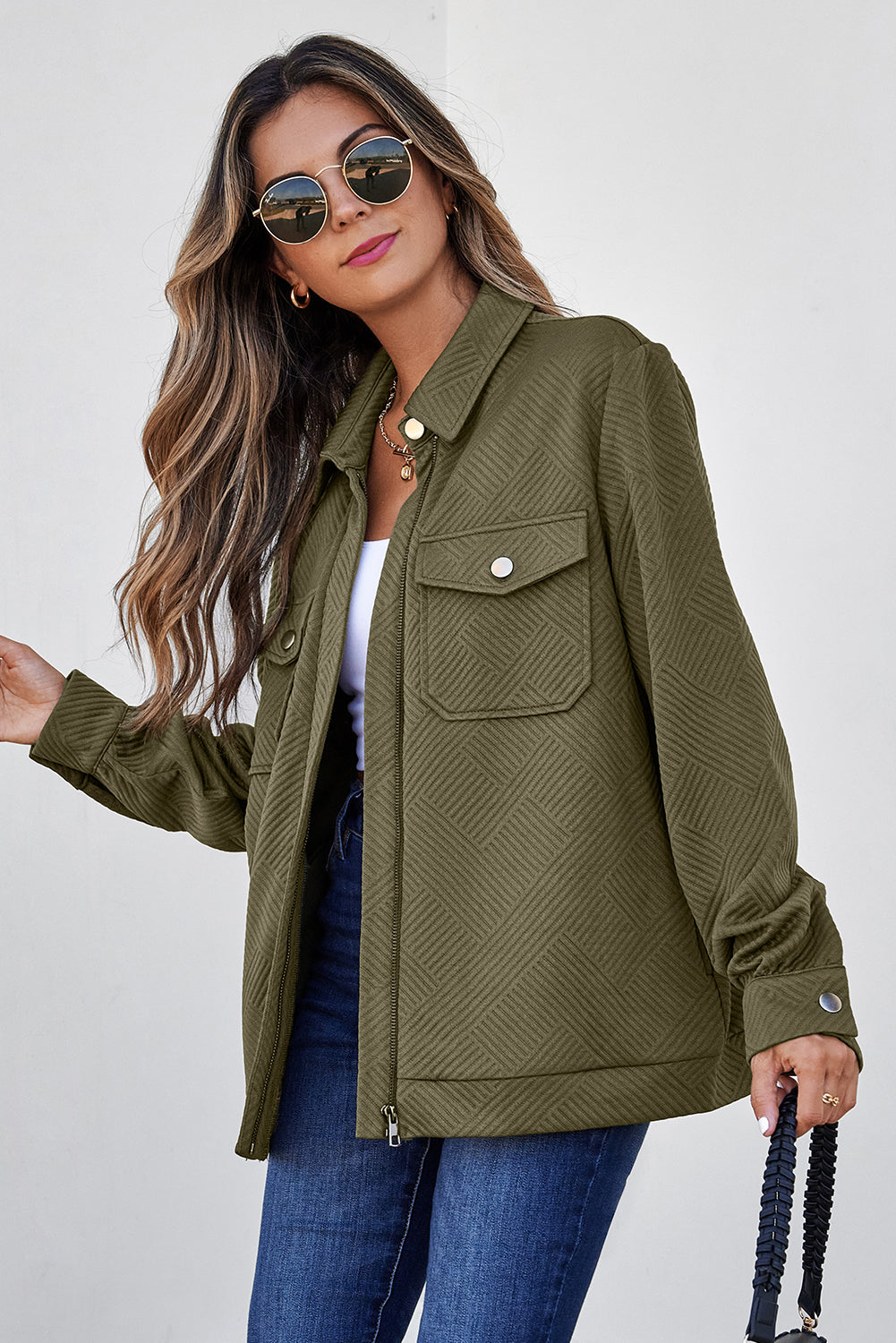 Solid Color Zip Up Button Flap Pocket Shirt Collar Jackets