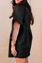 Black Frilled Short Sleeve Button Up Loose Denim Shirt Dress