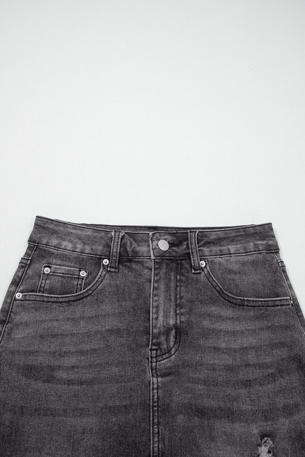 Irregular Distressed Bottom Denim Midi Skirt