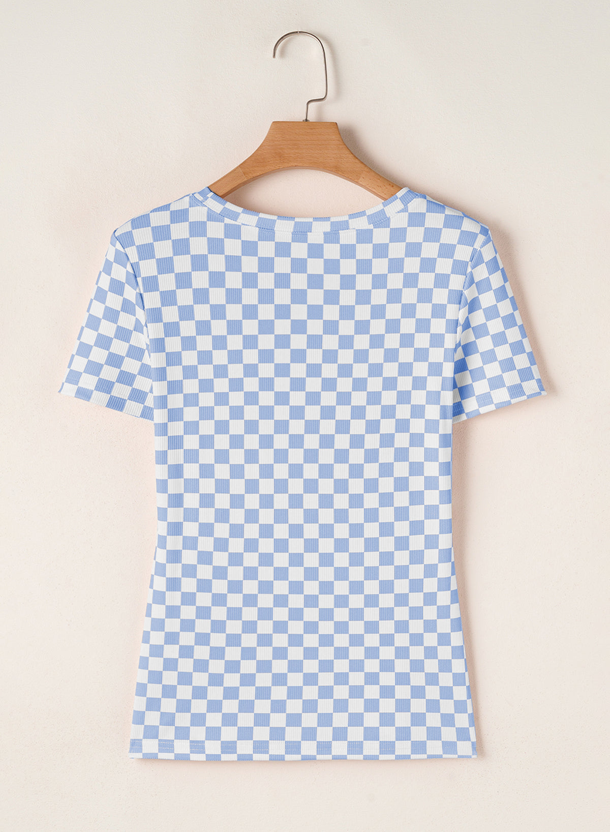 Sky Blue Checkered Ribbed Slim Fit Crew Neck T Shirt