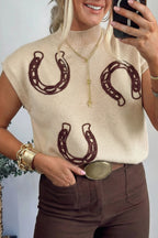 Parchment Corded Horseshoes Ribbed Trim Mock Neck Short Sleeve Sweater