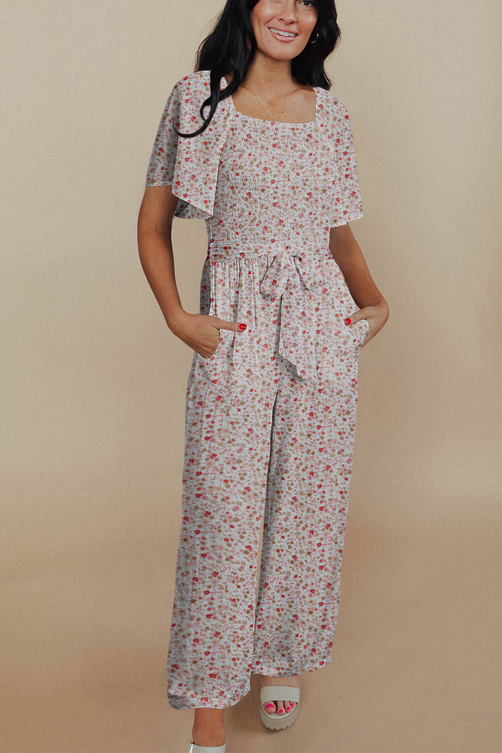White Smocked Short Sleeve Wide Leg Floral Print Jumpsuit