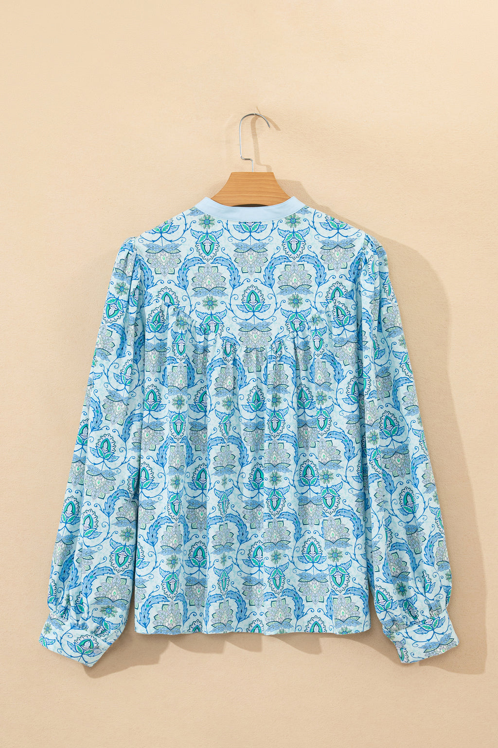 Sky Blue Paisley Print Puff Sleeve Loose Shirt