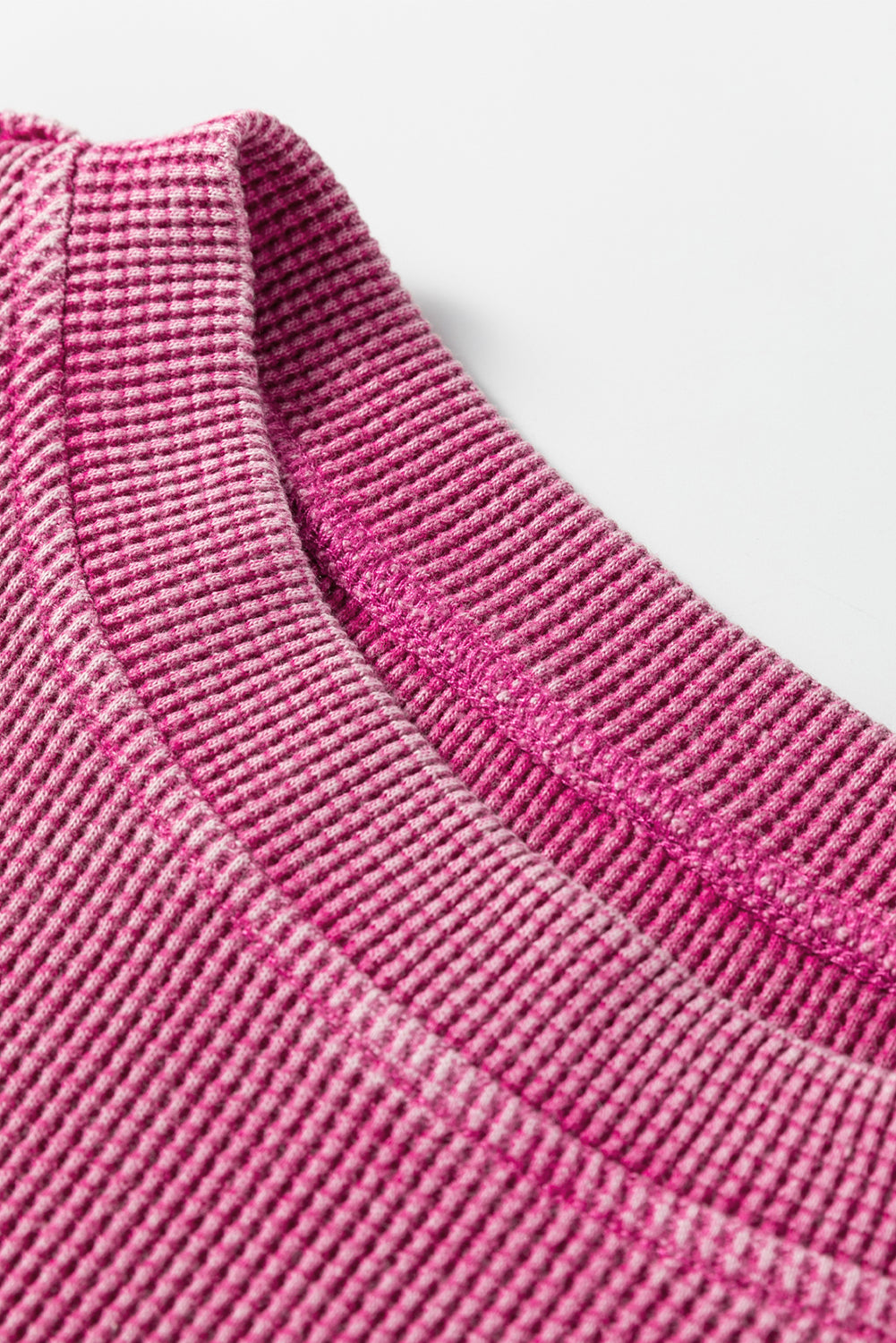 Bright Pink Waffle Knit Patchwork Long Sleeve Loose Top