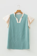 Plus Size Contrast Frilled Neckline Ruffled Short Sleeve Ribbed Textured Blouse