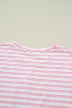 Pink Stripe Drop Shoulder Round Neck Top and Buttoned Straight Pants Two Piece Set