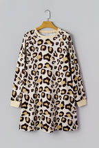 Khaki Leopard Long Sleeve Shift T Shirt Dress with Pockets