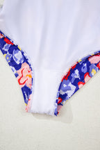 Floral Ruffle Trim V Neck Lace-up Back Tummy Control One Piece Swimsuit