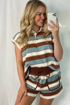 White Stripe Button Polo Collar Tee Drawstring Elastic Waist Patchwork 2pcs Short Set