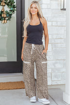 Khaki Animal Print Wide Leg Terry Knit Pants
