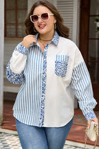 Sky Blue Leopard Striped Patchwork Casual Plus Size Shirt