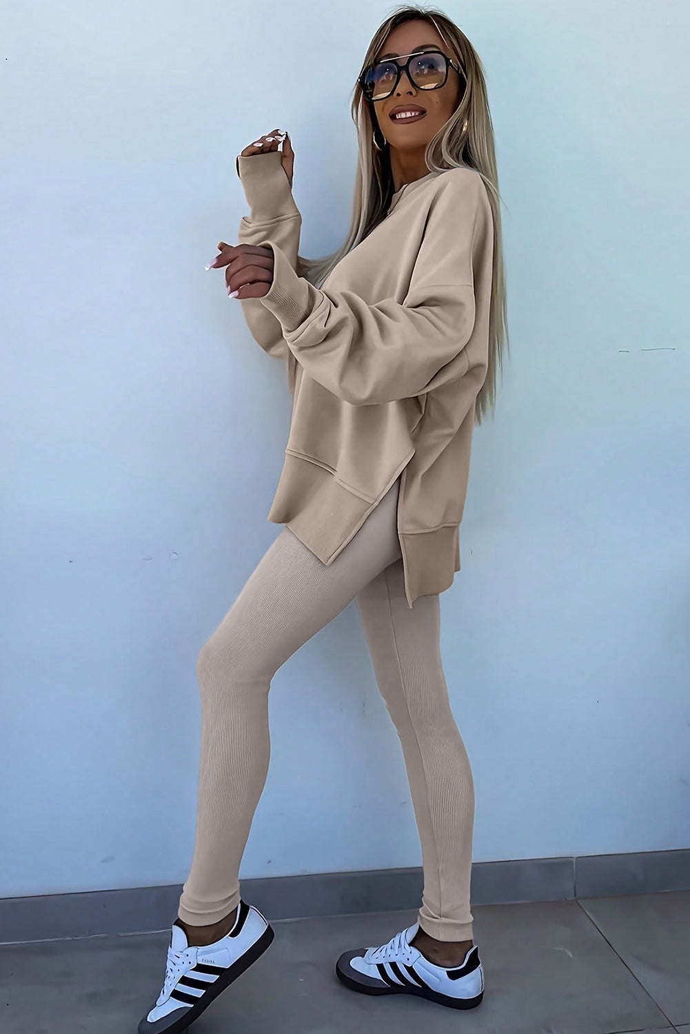 Solid Color Oversize Slit Sweatshirt Ribbed Leggings 2pcs Set