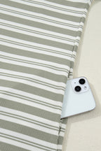 Green Stripe Collared V Neck Short Sleeve T Shirt Midi Dress with Pockets