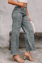 Grey Leopard Frayed Edge Wide Leg High Waist Jeans