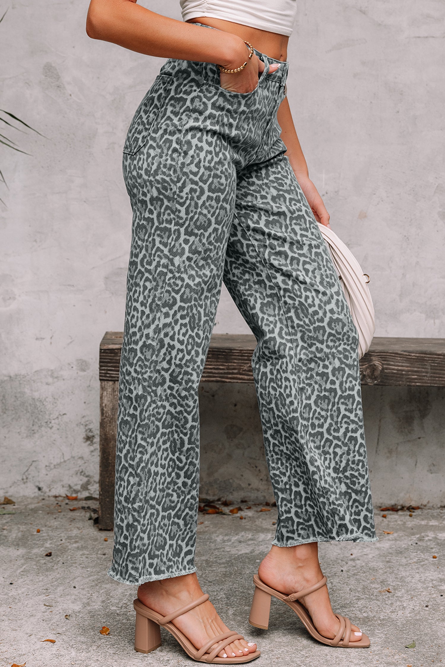 Grey Leopard Frayed Edge Wide Leg High Waist Jeans