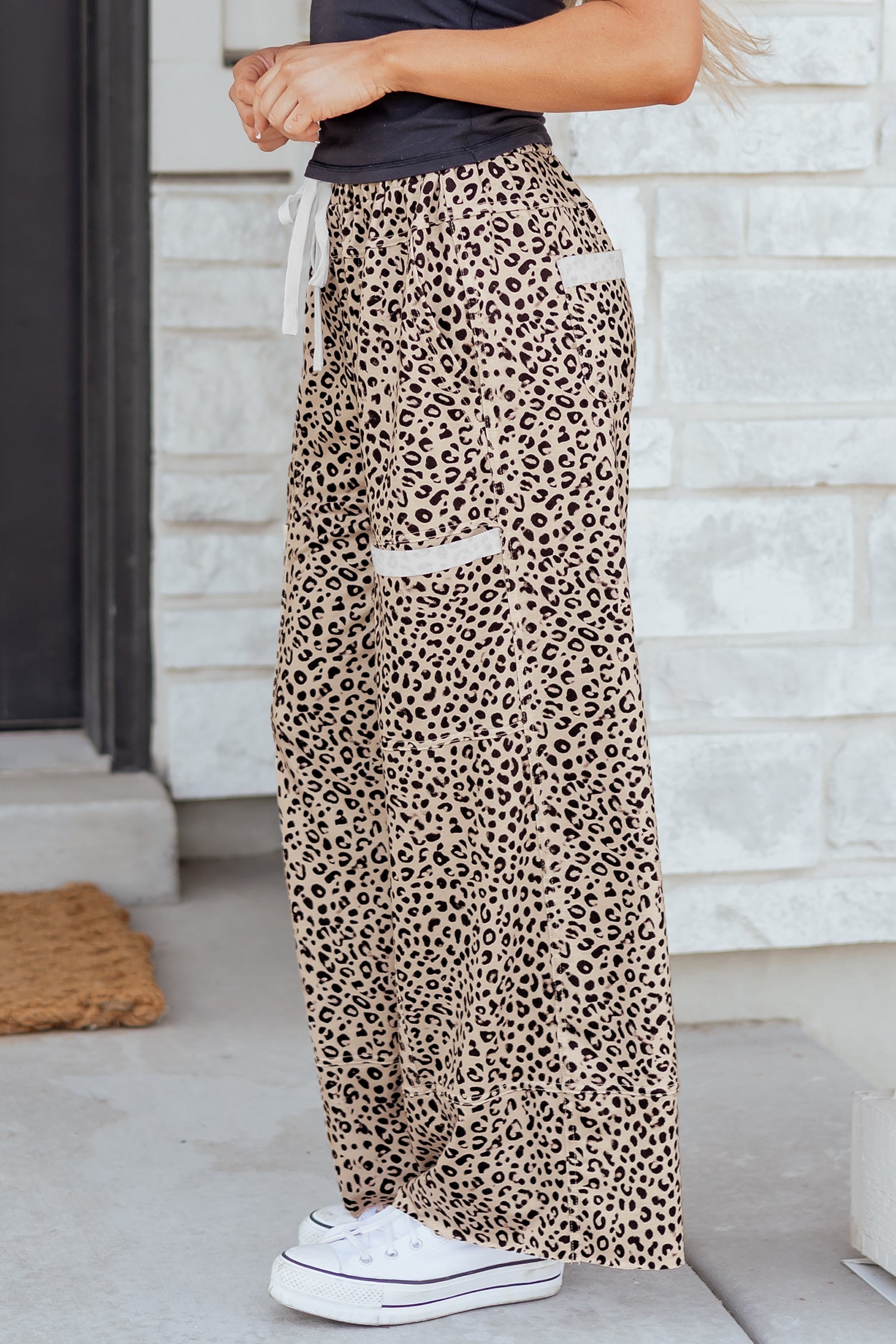 Khaki Animal Print Wide Leg Terry Knit Pants